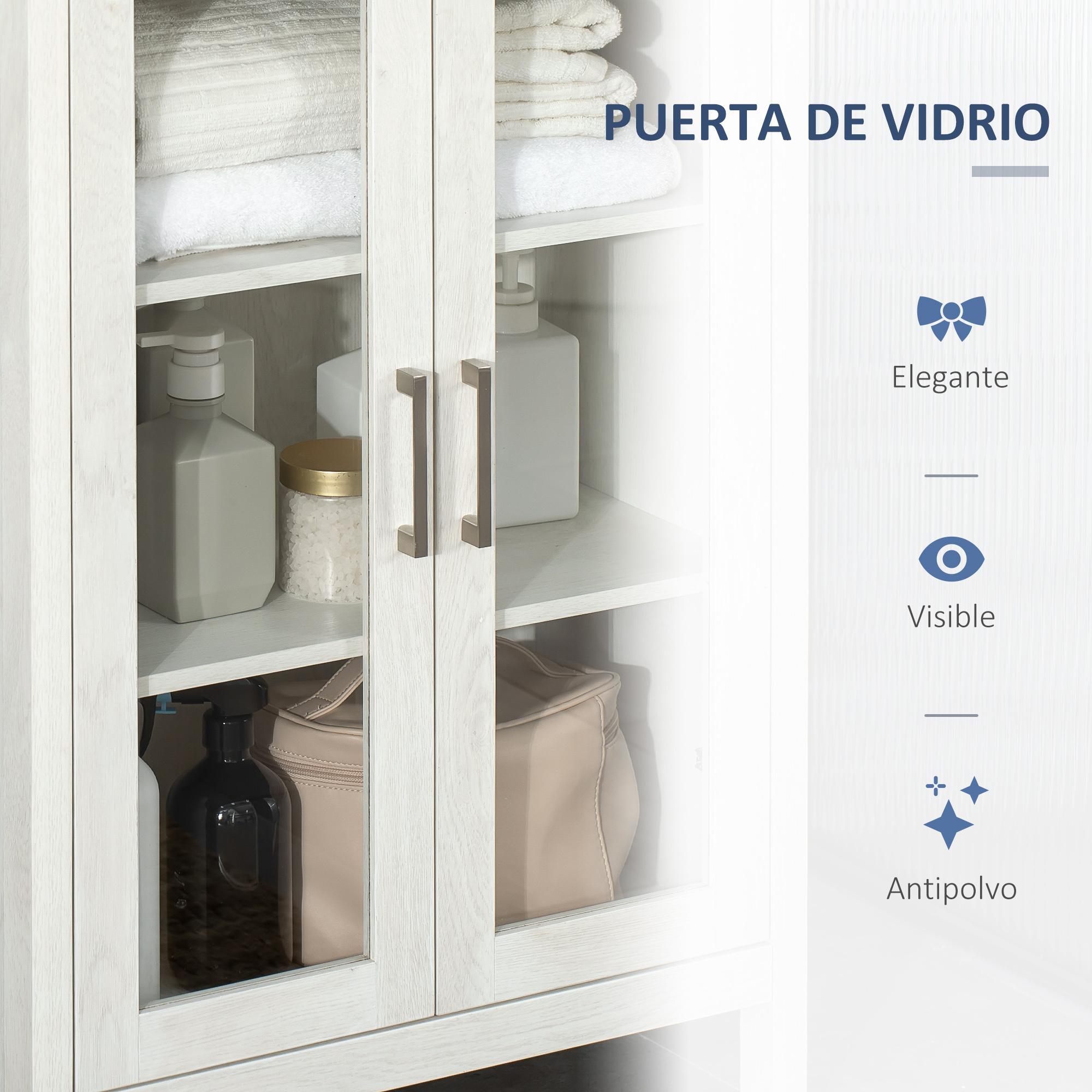 kleankin Armario Alto de Baño con 2 Puertas de Vidrio y 3 Estantes Abiertos Columna Auxiliar de Baño para Salón Aseo Dormitorio Estilo Moderno 53x30x162 cm Blanco