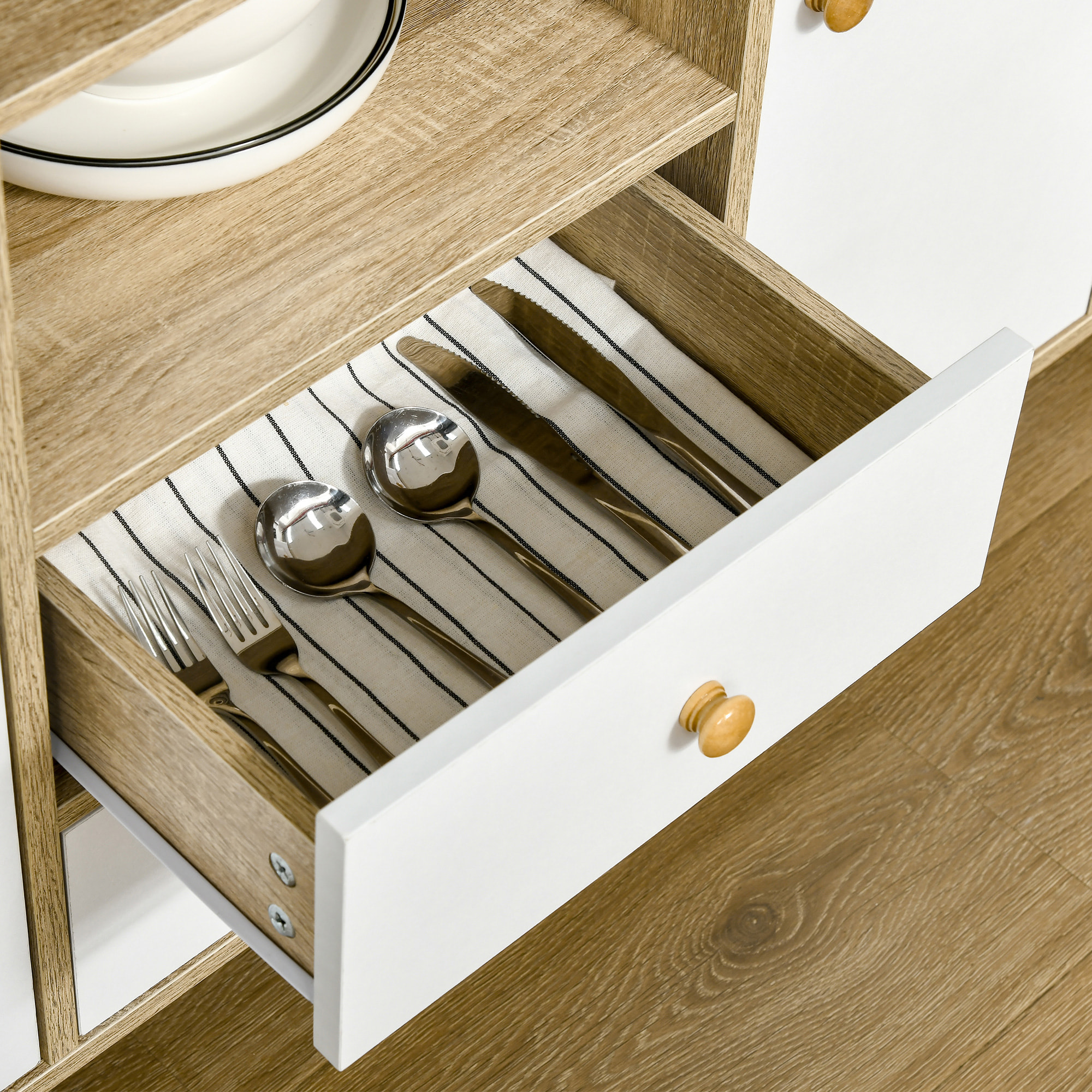 HOMCOM Aparador de Salón con 2 Puertas 2 Cajones y 2 Estantes Abiertos Mueble Auxiliar de Almacenaje para Cocina Recibidor 100x30x85 cm Blanco y Natural