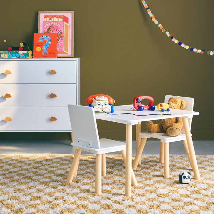 Table carrée enfant avec 2 chaises. pieds en pin. blanc