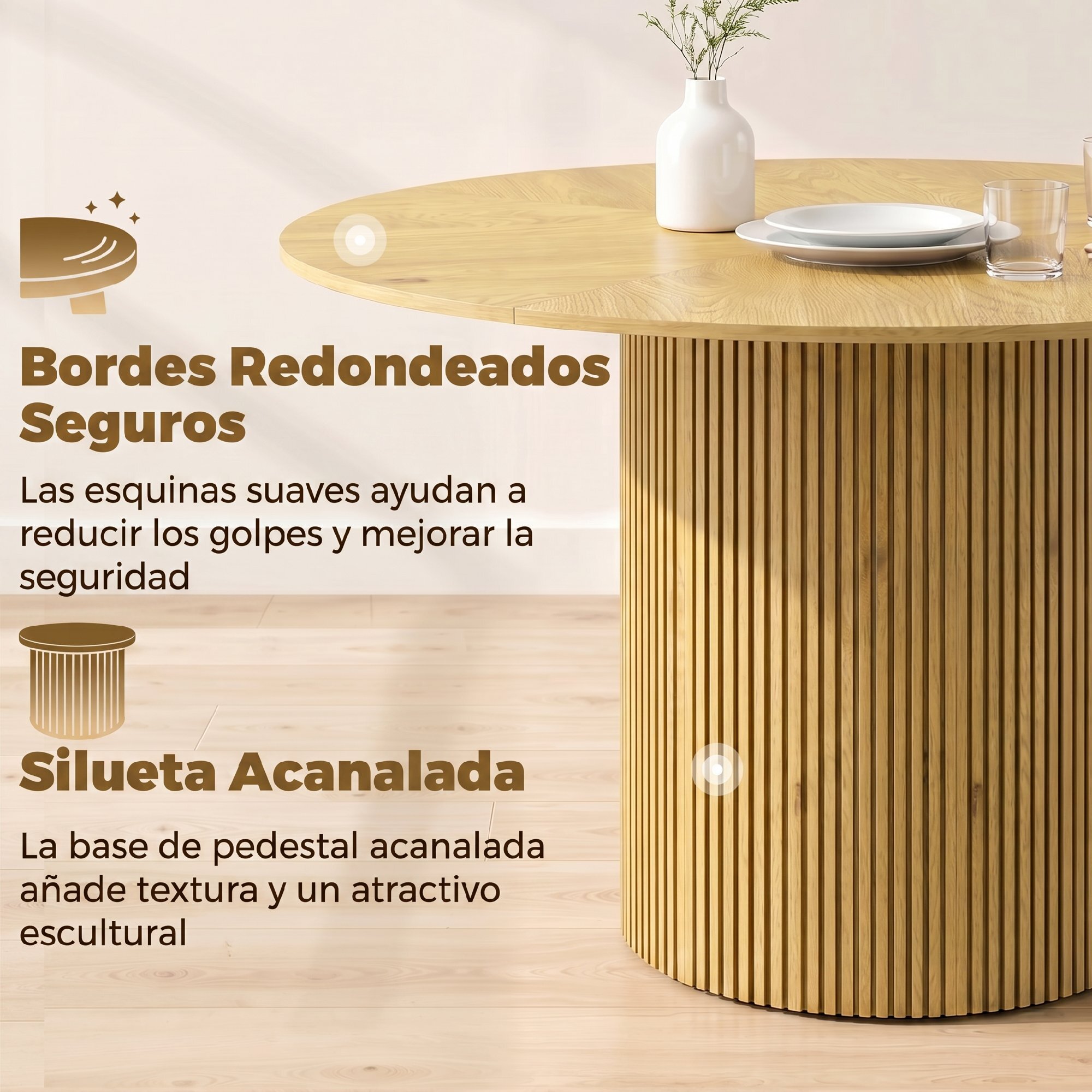 Mesa de Comedor Redonda, Mesa de Cocina para 4-6 Personas con Base Cilíndrica Acanalada, Marco Metálico, para Sala de Estar, Carga 100 kg, Ø110x75 cm, Roble