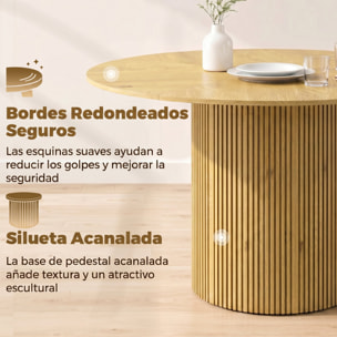 Mesa de Comedor Redonda, Mesa de Cocina para 4-6 Personas con Base Cilíndrica Acanalada, Marco Metálico, para Sala de Estar, Carga 100 kg, Ø110x75 cm, Roble
