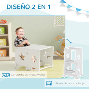 Torre de Aprendizaje 2 en 1 Taburete de Aprendizaje para Niños de +3 Años Convertible en Mesa y Silla con Barra de Seguridad 60x44,5x86 cm Blanco