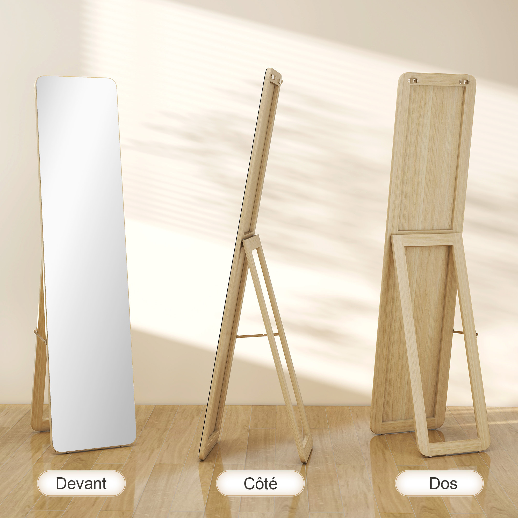 Miroir sur pied et mural rectangulaire dim. 37L x 43l x 156H cm verre MDF bois clair