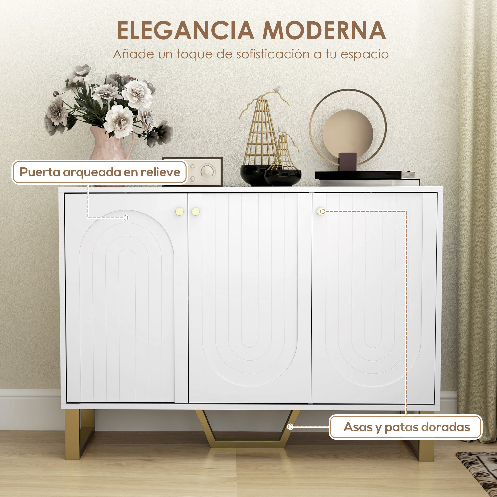 Aparador 3 Puertas Aparador para Salón Moderno con Estantes Ajustables y Patas Doradas para Comedor Entrada Mueble para TV hasta 50 Pulgadas Blanco 106,5x35x77,5 cm