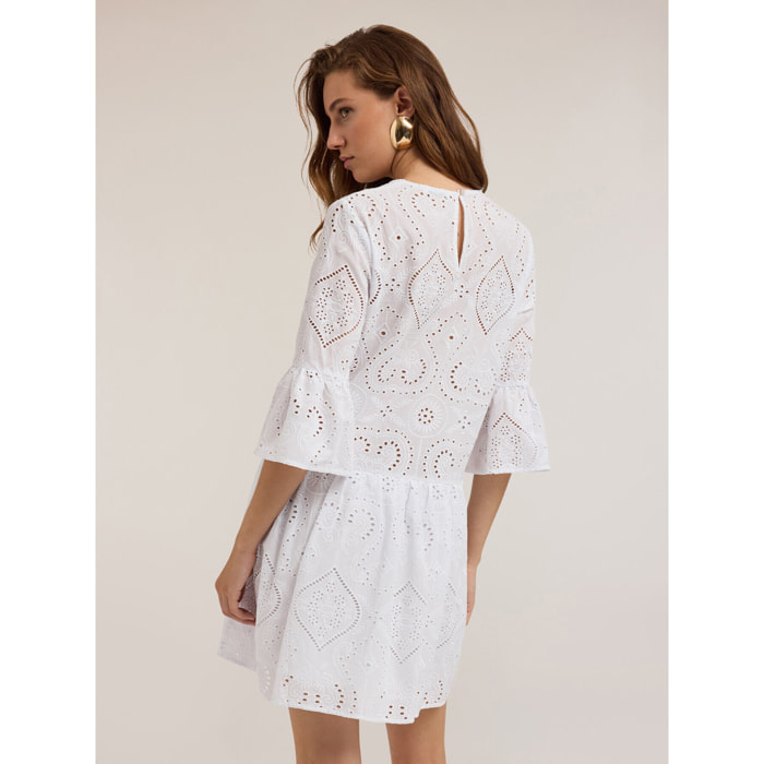 Motivi - Minivestido con volantes de bordado inglés - Blanco
