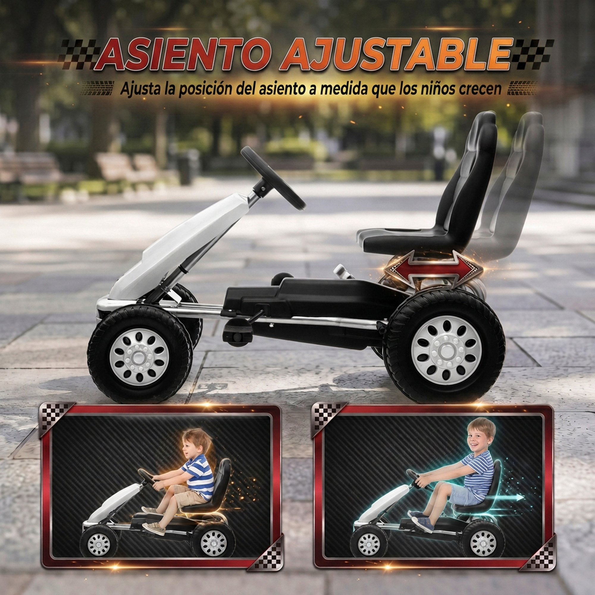 AIYAPLAY Kart Pedales para Niños de +3 Años, Go Kart con Asiento Ajustable, Volante, Freno Manual, Marco de Aluminio y Acero, Carga 30 kg, Blanco
