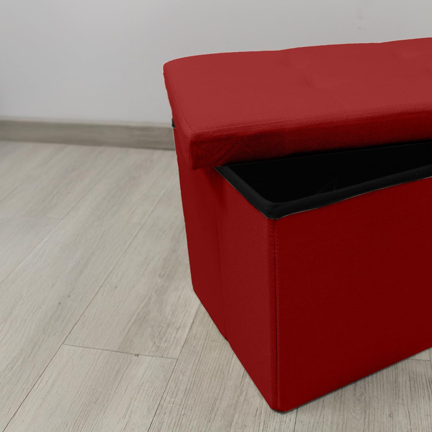 Pouf contenitore imbottito in tessuto con seduta lunga, panca multifunzione con spazio interno, ideale come poggiapiedi, seduta o contenitore, pratico e versatile per soggiorno, camera o ingresso, facile da pulire, dimensioni 76x34x34 cm