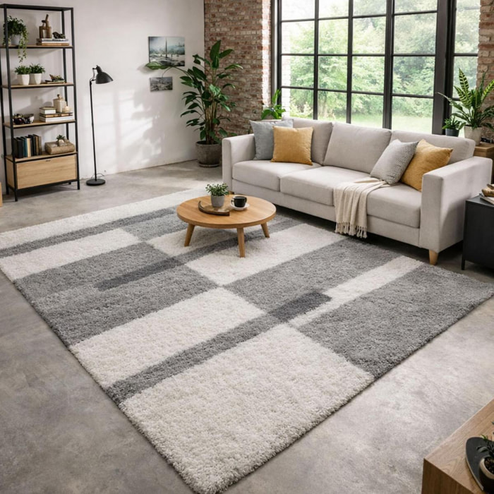 Tapis poils longs shaggy tissé motif géométrique NICO