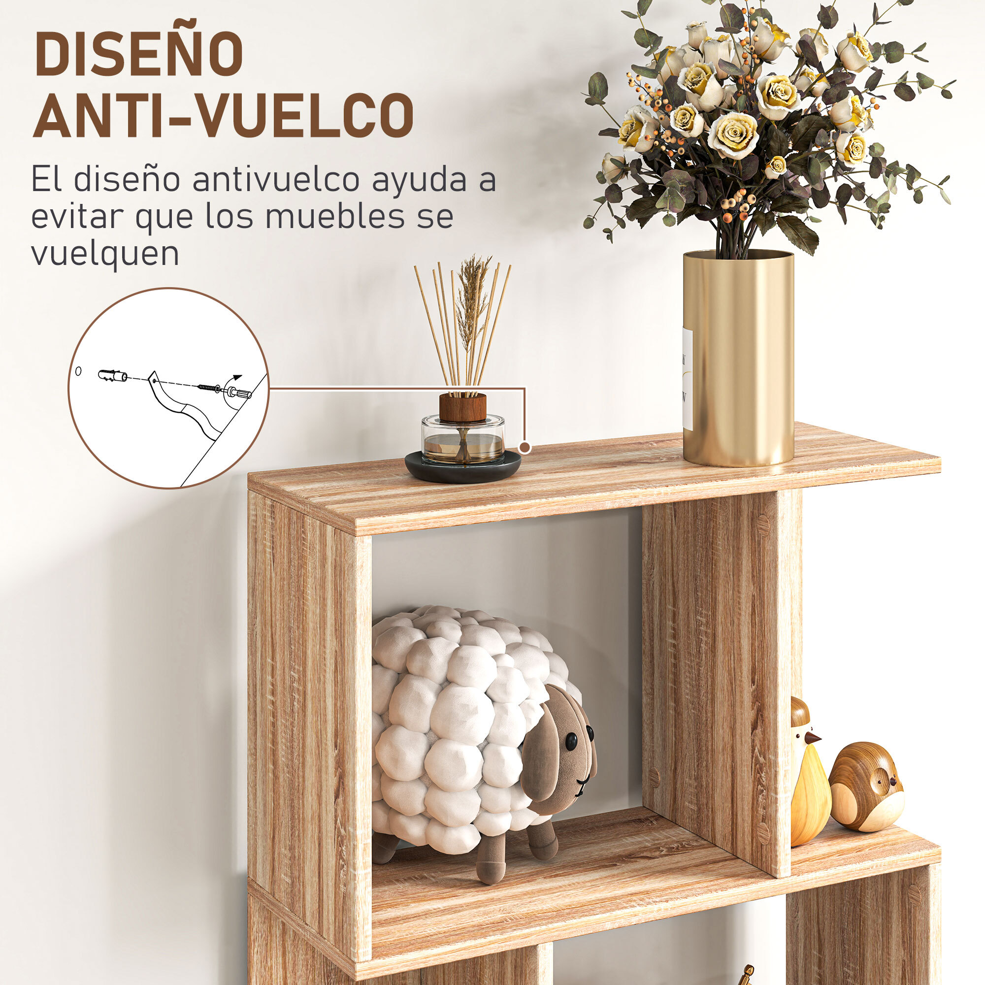 Librería de 5 Niveles, Estantería para Libros en Forma de S con 10 Estantes, para Sala de Estar, Dormitorio, Estudio, Oficina, 60x24x184,5 cm, Natural