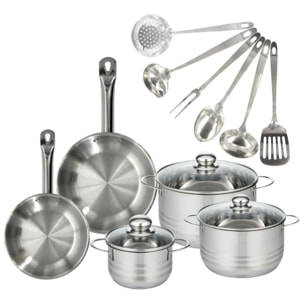 Set 2 poêles 20 et 24 cm en inox, 3 faitouts inox 16, 20 et 24 cm et 6 ustensiles inox Fackelmann Eterna