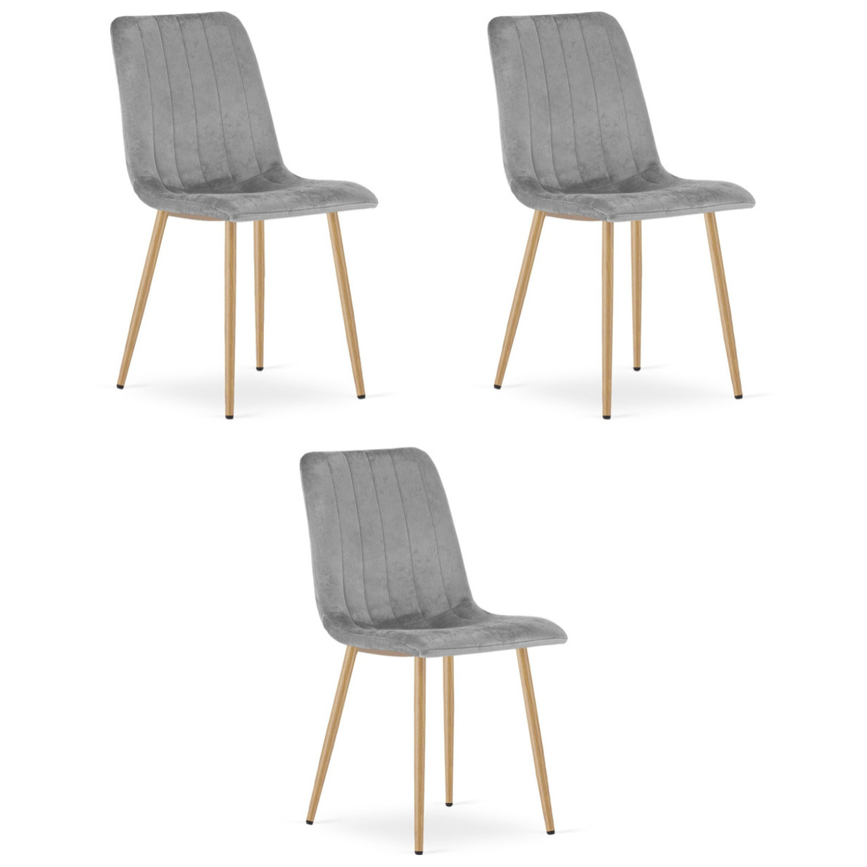 Set di 3 Sedie Lava in Velluto Grigio e Gambe Effetto Legno