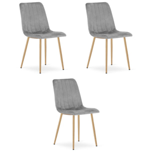 Set di 3 Sedie Lava in Velluto Grigio e Gambe Effetto Legno