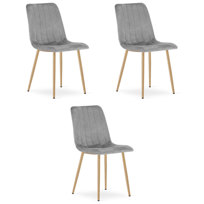 Set di 3 Sedie Lava in Velluto Grigio e Gambe Effetto Legno