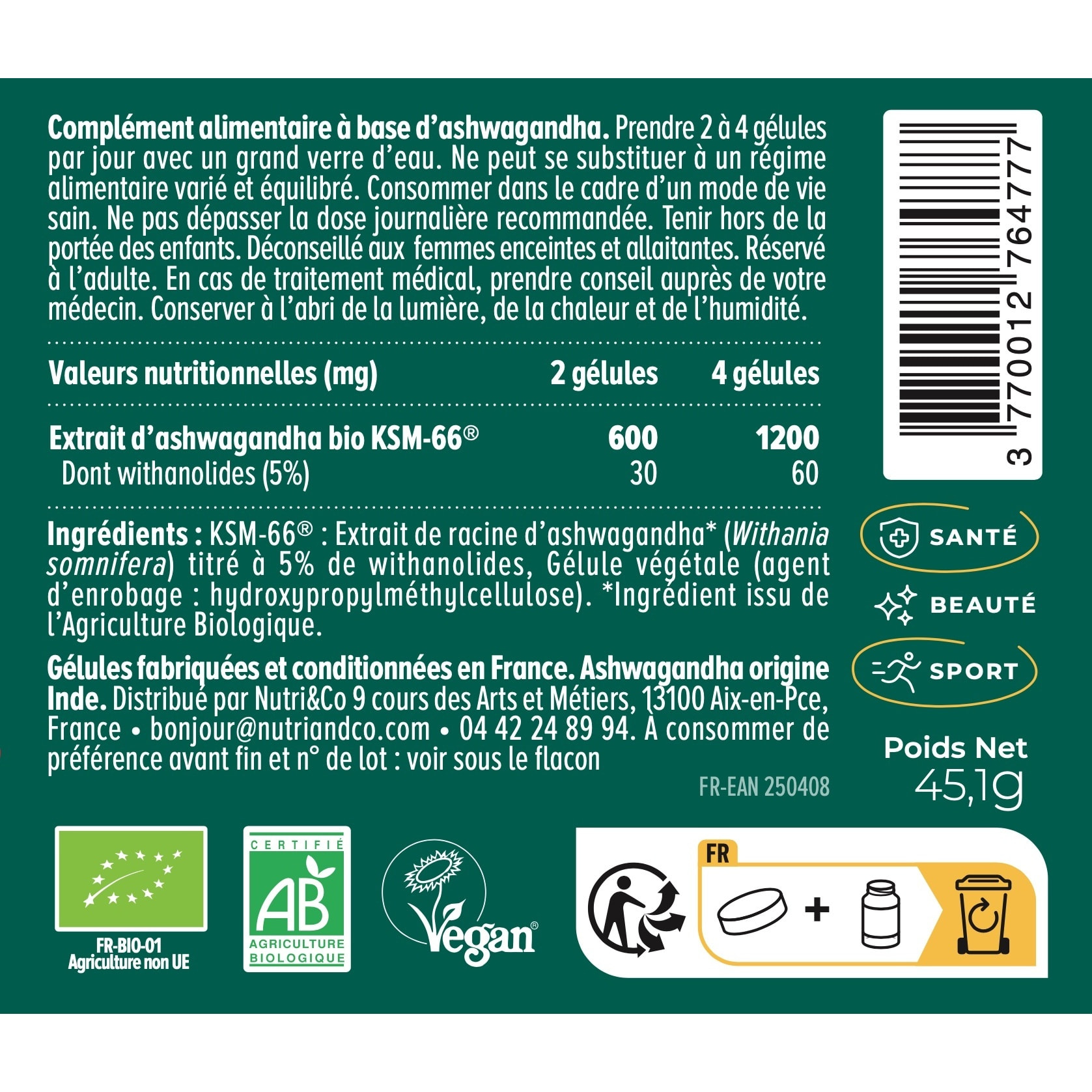 Nutri&Co Ashwagandha Bio KSM-66® Stress Sommeil & Musculation - 120 gélules Vegan