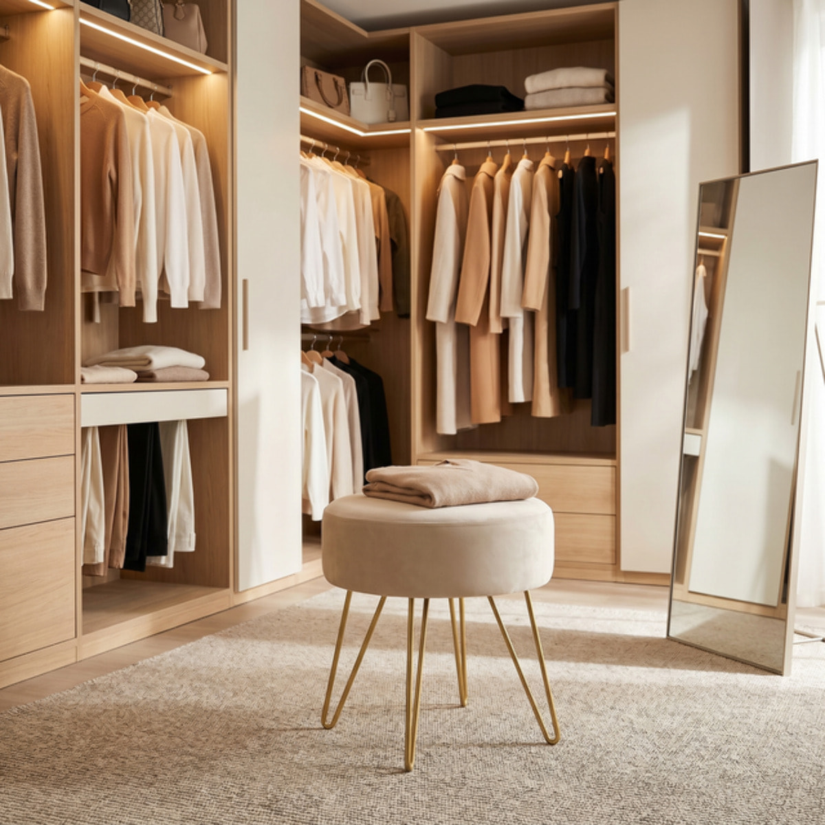 Pouf Tondo in Velluto con Gambe Dorate, Sgabello Imbottito dal Design Elegante e Moderno per Soggiorno, Camera da Letto, Ingresso e Toeletta