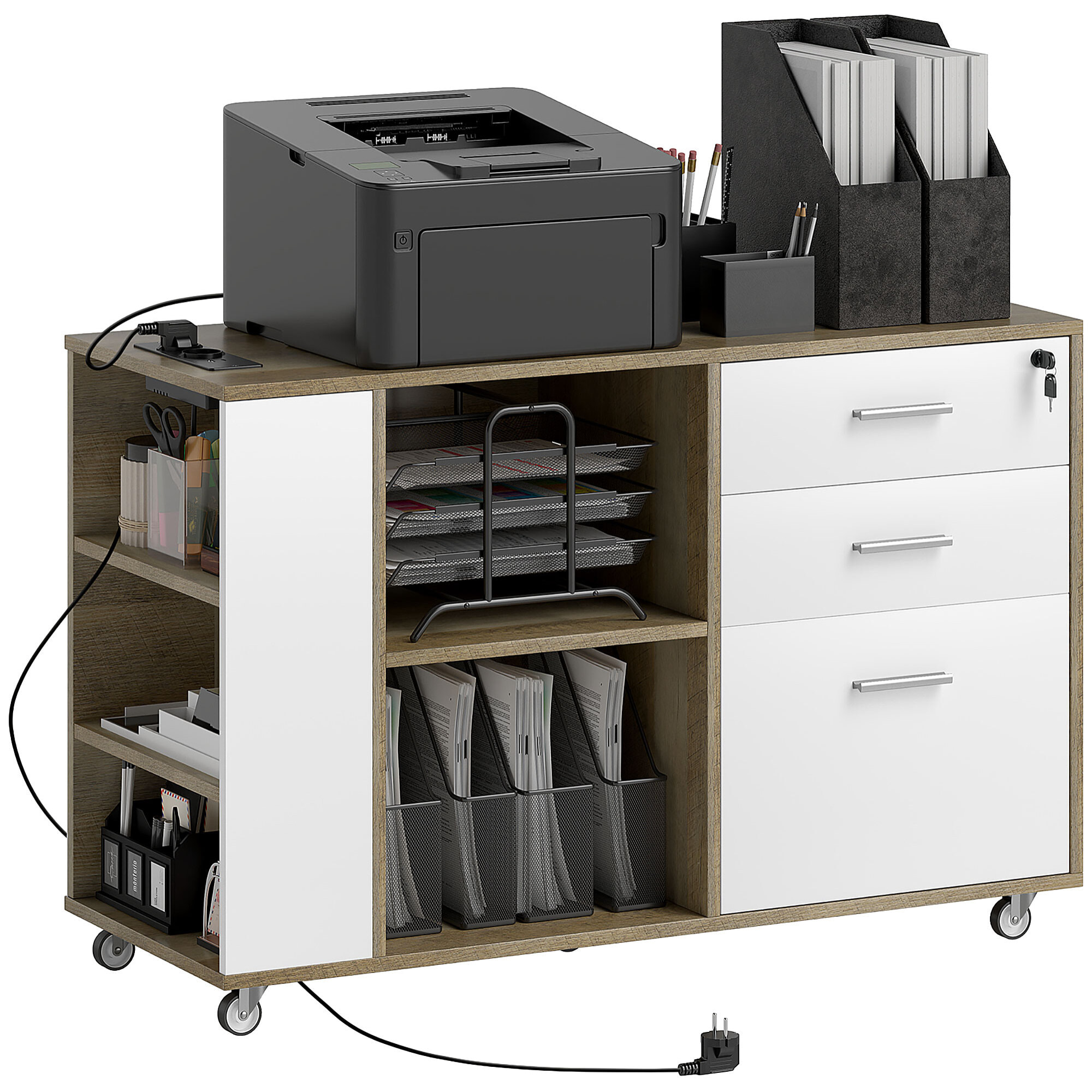 Cajonera de Oficina con Ruedas Mueble Archivador con 3 Cajones Cajonera para Escritorio con Estación de Carga Cerradura y Estantes 100x40x65,5 cm Marrón Grisáceo