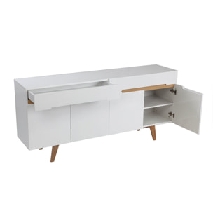 Buffet scandinave blanc brillant et finition bois clair 4 portes 2 tiroirs L180 cm MELKA