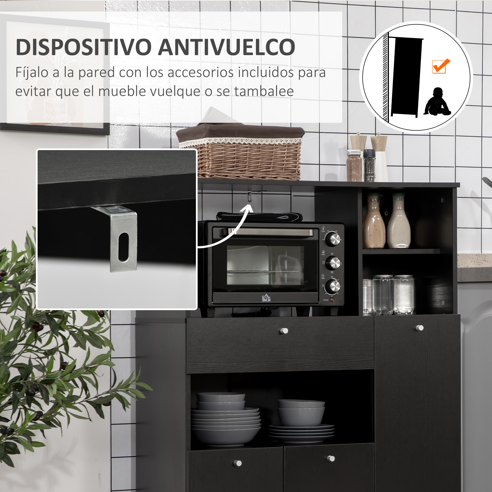 Mueble Auxiliar de Cocina Mueble para Microondas Aparador de Cocina con Cajón Estantes 3 Puertas 3 Compartimientos Diseño Anti-vuelco para Comedor 90x40x120 cm Negro