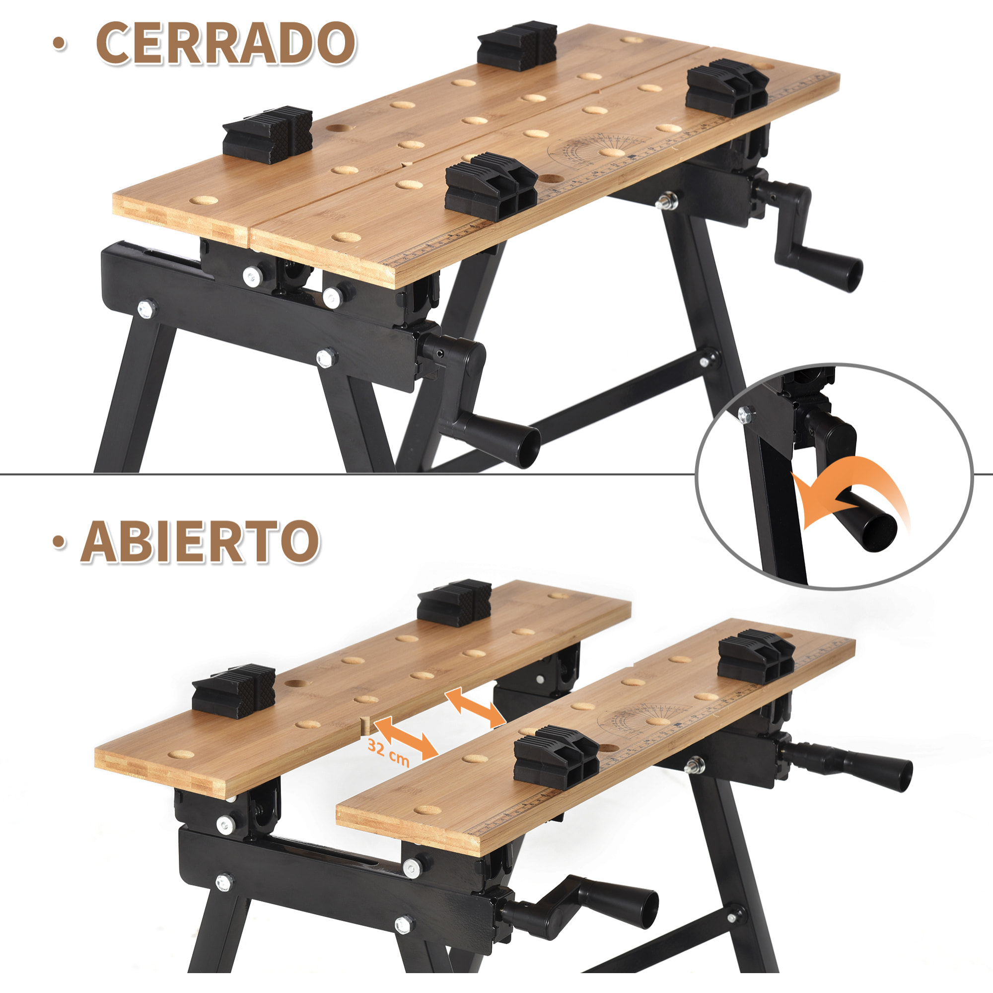 HOMCOM Banco de Trabajo Plegable Portátil con Tableros Ajustables en ángulo y Distancia Bambú y Acero Carga Máx. 150 kg 63,5x60,5x78 cm Madera Natural y Negro