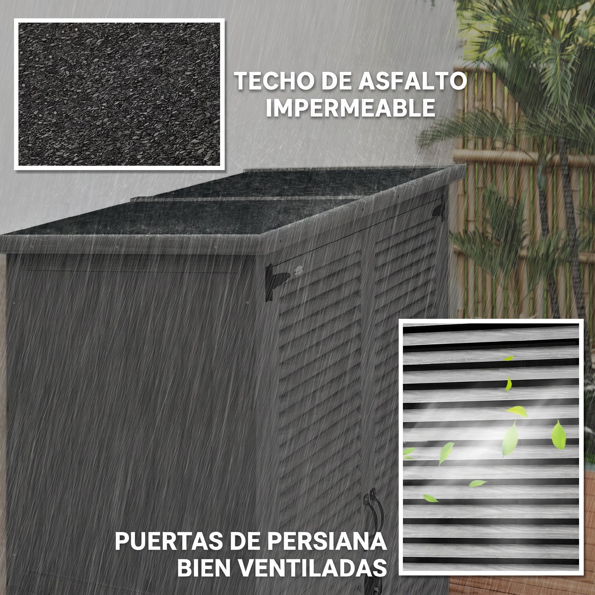 Caseta de Jardín de Madera, 127x65x168 cm, Cobertizo Jardín Exterior, Armario para Almacenaje Herramientas, con 2 Puertas de Persiana 2 Estantes Techo Impermeable para Patio Terraza, Gris