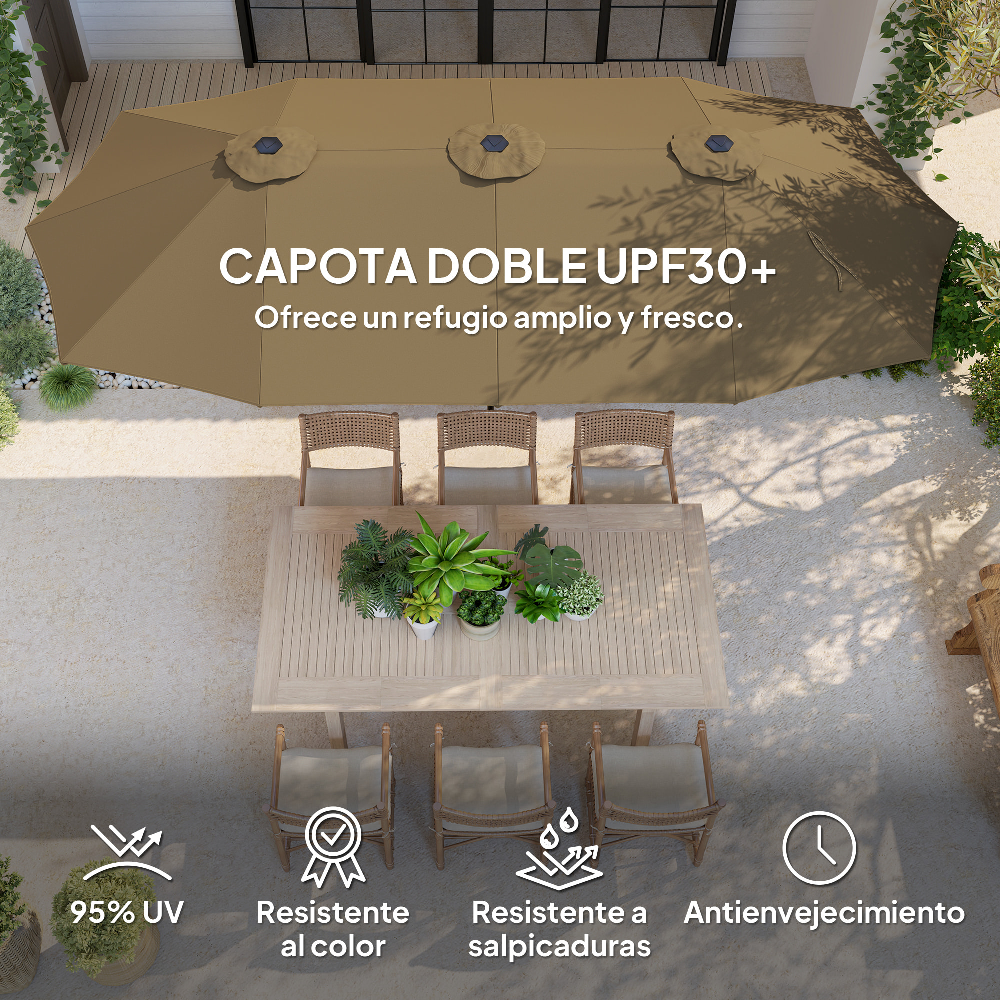 Sombrilla Doble 4x2,2 m Sombrilla Terraza Exterior con Manivela Manual Impermeable y Protección UV30+ Parasol Grande para Terraza Playa Piscina Café