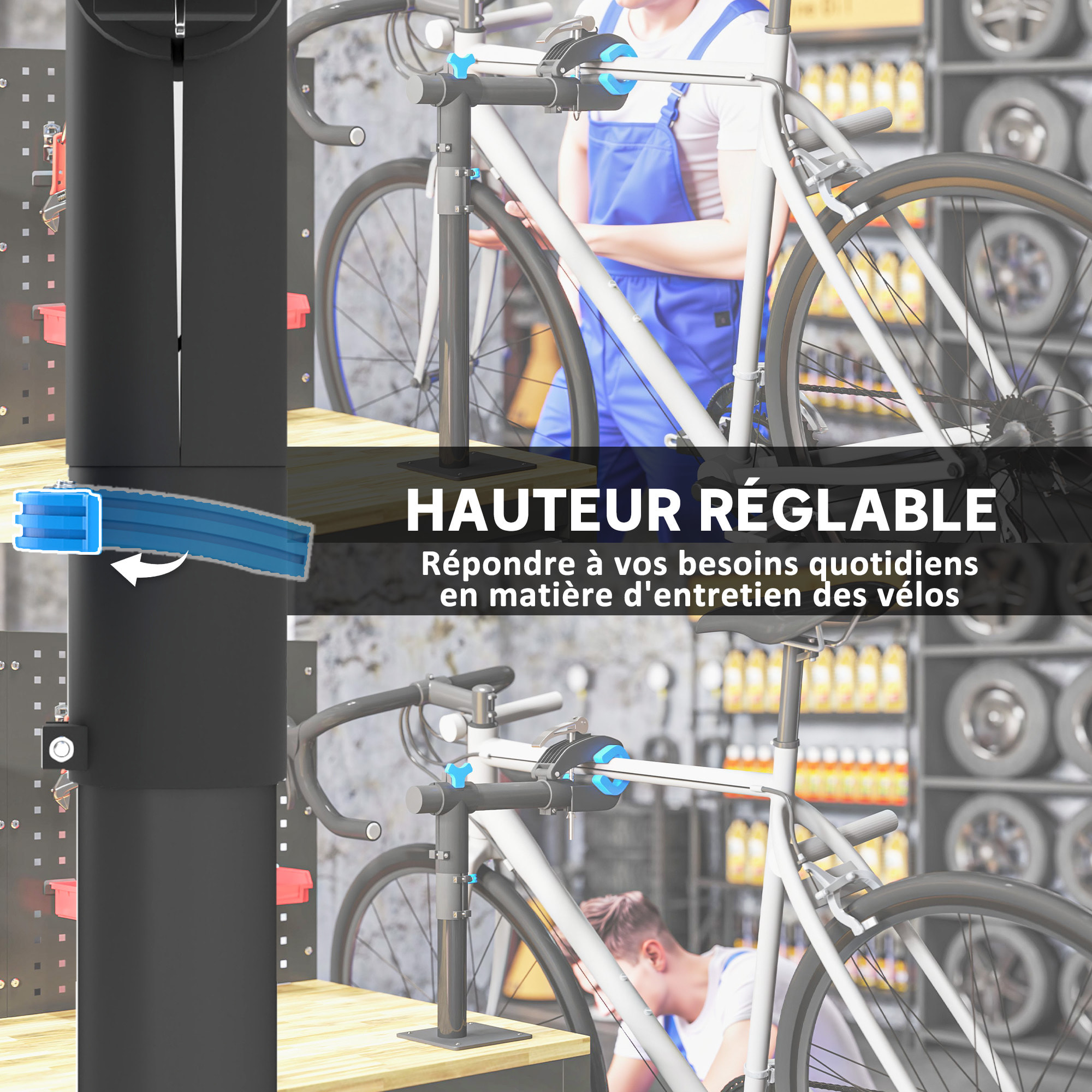 Support de réparation de vélo réglable - pied d'atelier vélo - pince pivotante 360° - charge max. 25 Kg - noir bleu
