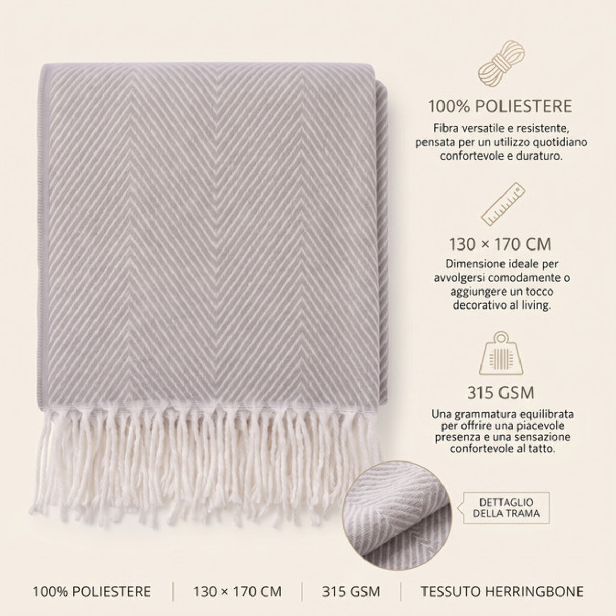 Plaid a spina di pesce in poliestere - Grigio