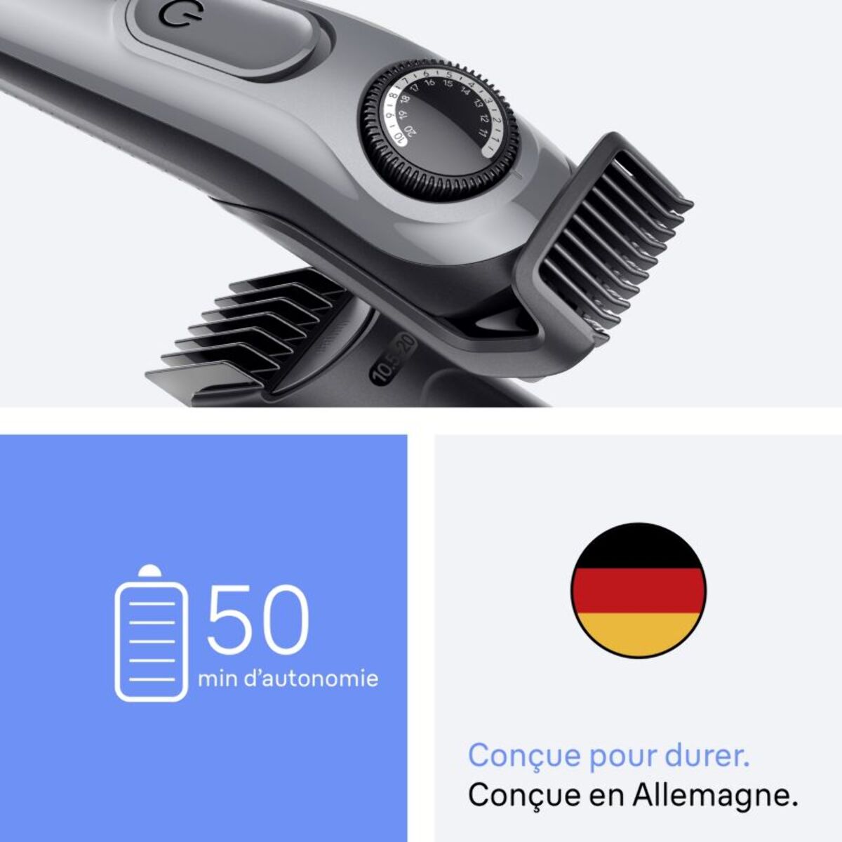 Tondeuse barbe BRAUN BT3560, molette réglable, 40 hauteurs de coupe, précision 0,5 mm, autonomie 50 mn