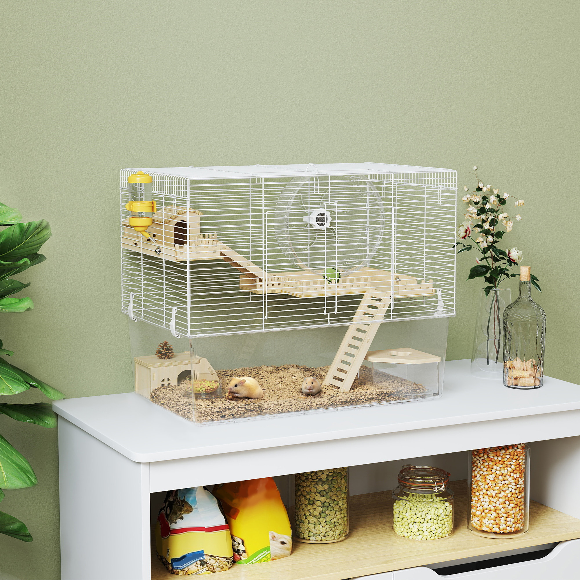 Cage à hamster à 3 niveaux avec roue d'exercice, plateau, 59 x 35,5 x 47 cm, blanc