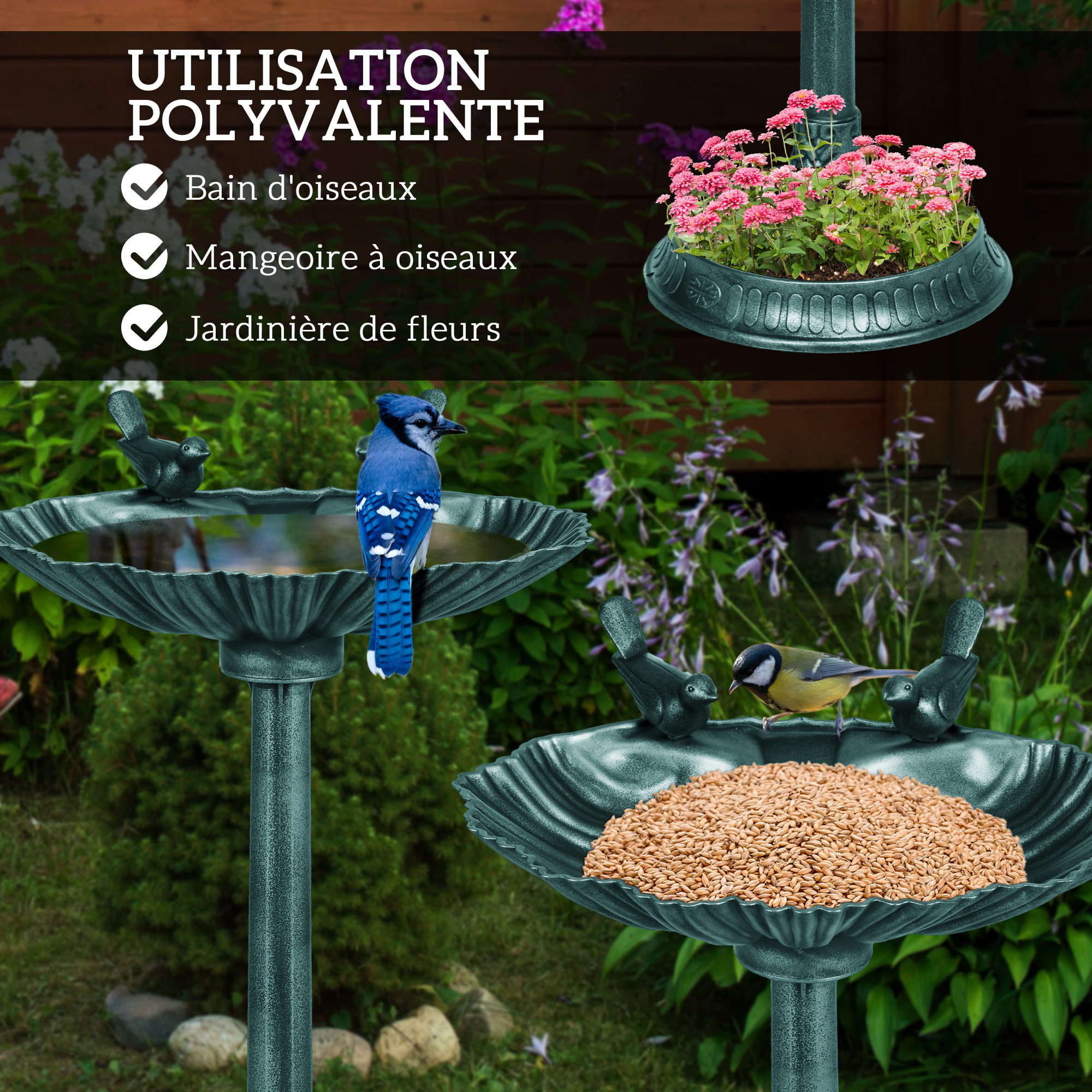 Bain d'oiseaux abreuvoir avec base de jardinière vert antique