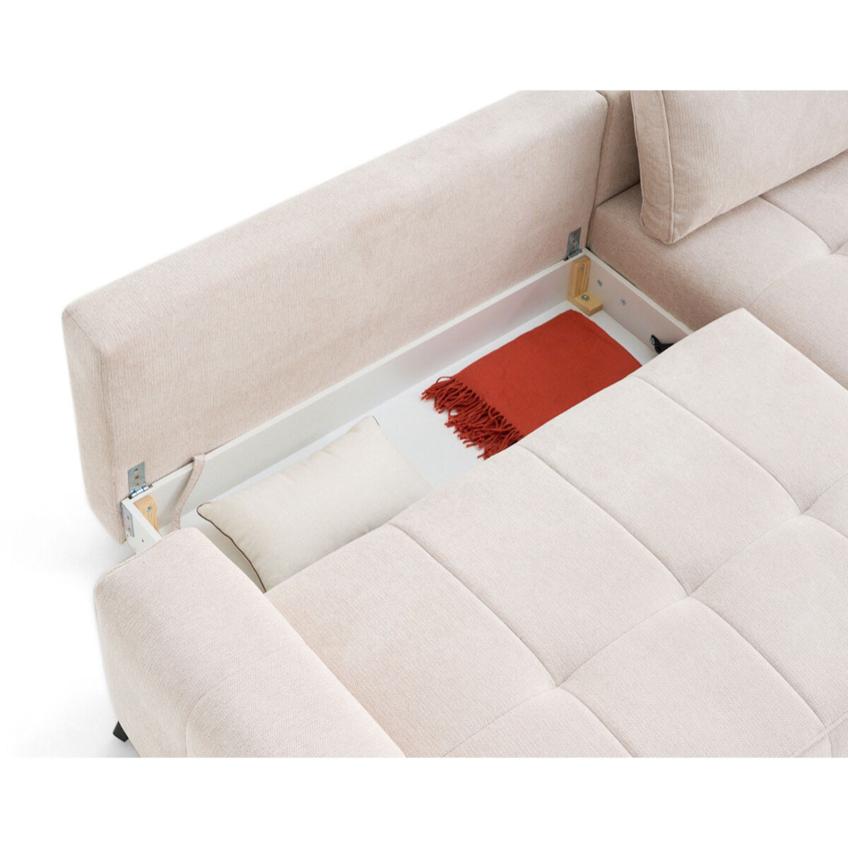 Rimini - canapé d'angle droit 4 places convertible avec coffre en tissu texturé - Beige