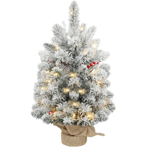 Árbol de Navidad con 35 Luces LED, 60 cm, Mini Árbol de Navidad Artificial con 72 Ramas Densas con Nieve, Piñas, Bayas y Base de Arpillera, Decoración Navideña de Mesa para Casa, Oficina, Verde