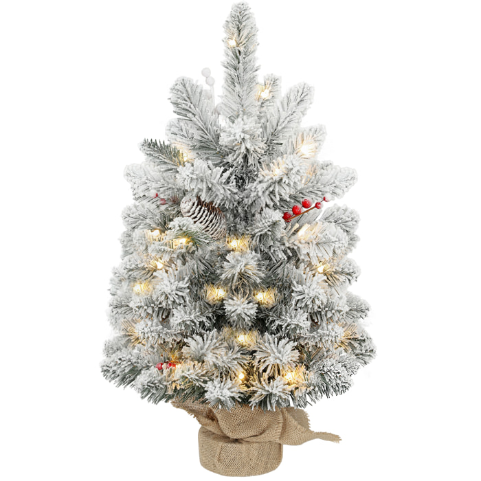 Árbol de Navidad con 35 Luces LED, 60 cm, Mini Árbol de Navidad Artificial con 72 Ramas Densas con Nieve, Piñas, Bayas y Base de Arpillera, Decoración Navideña de Mesa para Casa, Oficina, Verde
