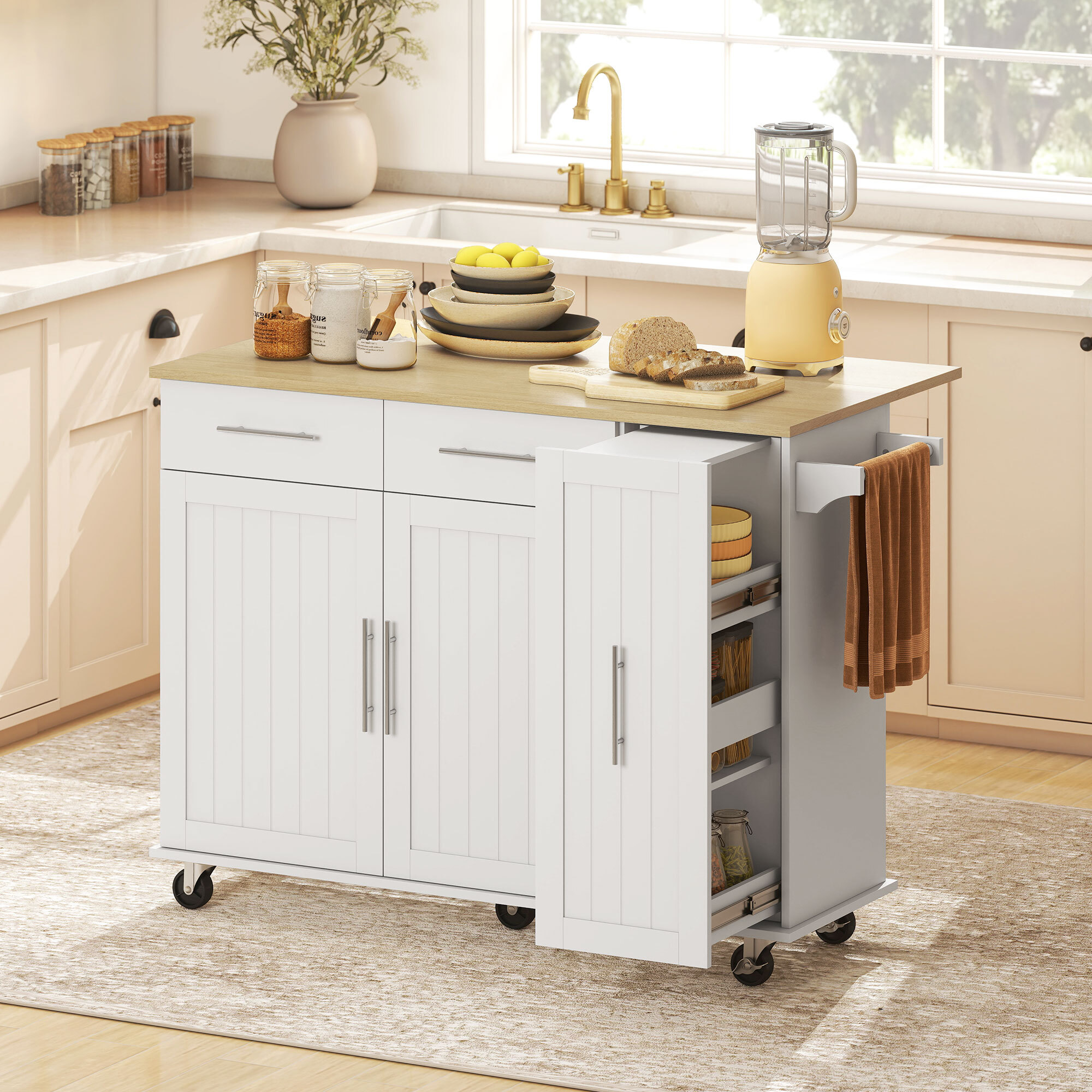 Isla de Cocina con Ruedas, Encimera Plegable, Carro de Cocina con 2 Puertas con Cierre Suave, Bandeja Extraíble de 3 Niveles, 2 Cajones, Barra para Colgar, Blanco