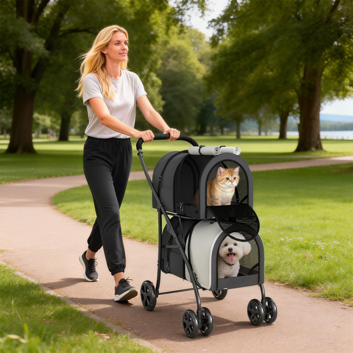 Carrito Doble para Perros Gatos Cochecito Plegable para Mascotas con 2 Transportines Extraíbles Cinturón de Seguridad Bolsillos Laterales y 2 Cojines Cada Carga 10 kg 66x50x98 cm Gris Oscuro