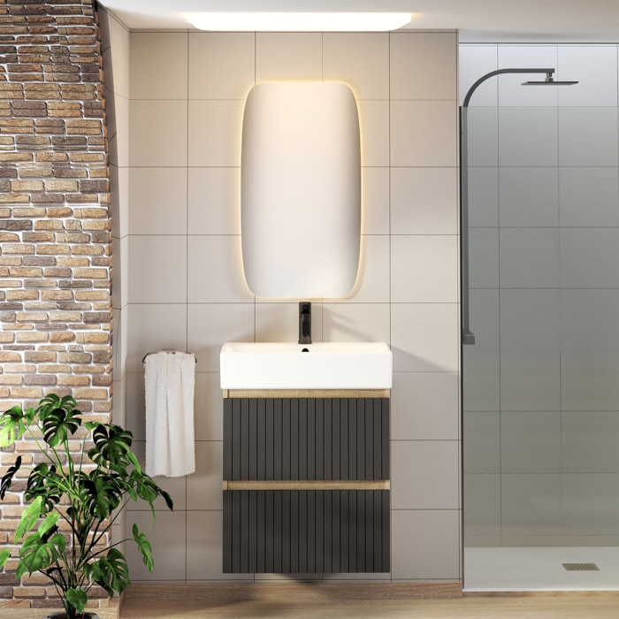 ENSEMBLE DE SALLE DE BAIN ZEL | MEUBLE SUSPENDU | 60 CM NOIR | DEUX TIROIRS | LAVABO ENCASTRÉ | MIROIR NON INCLUS | MEUBLE MONTÉ | ALDAY
