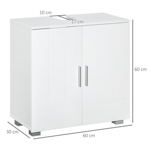 Meuble vasque - meuble sous-vasque - 2 portes rainurées, 2 étagères - poignées alliage aluminium - dim. 60L x 30l x 60H cm - MDF blanc