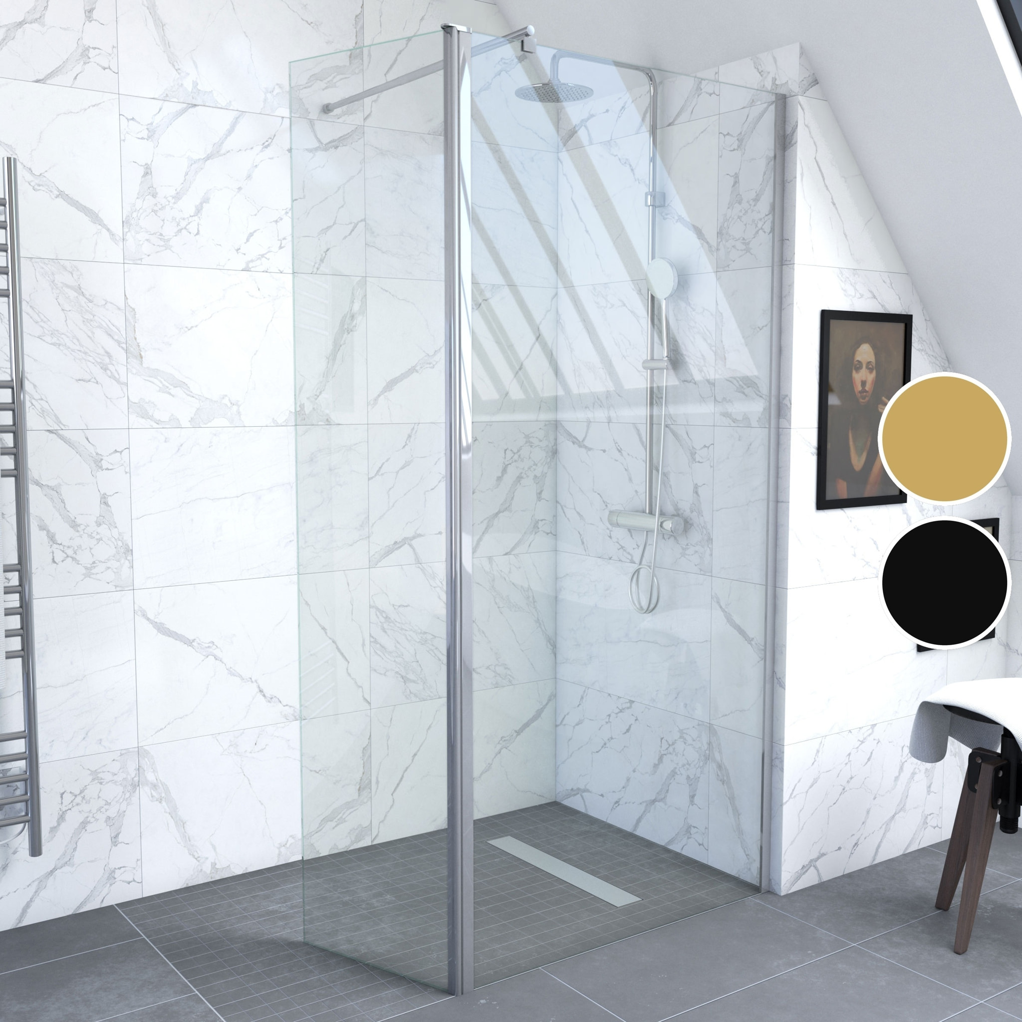 Paroi de douche a l'italienne - 90x200cm + Barre de fixation recoupable+ Volet pivotant