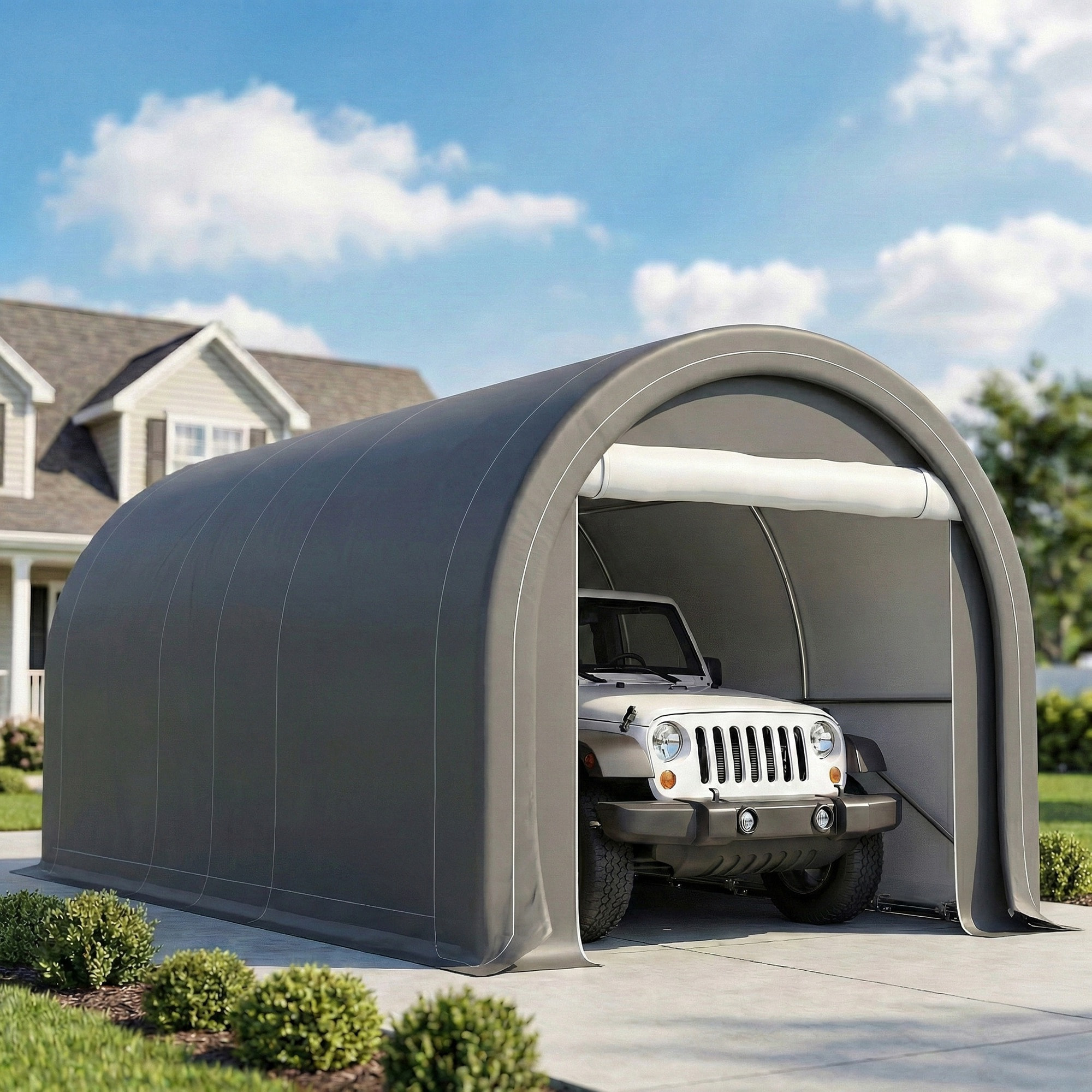 Carpa Garaje Portátil 3x5 m, Garaje Exterior para Coche Impermeable con Puerta Enrollable con Cremallera, Estructura de Acero Galvanizado, UPF30+, Cobertizo de Almacenamiento, Gris