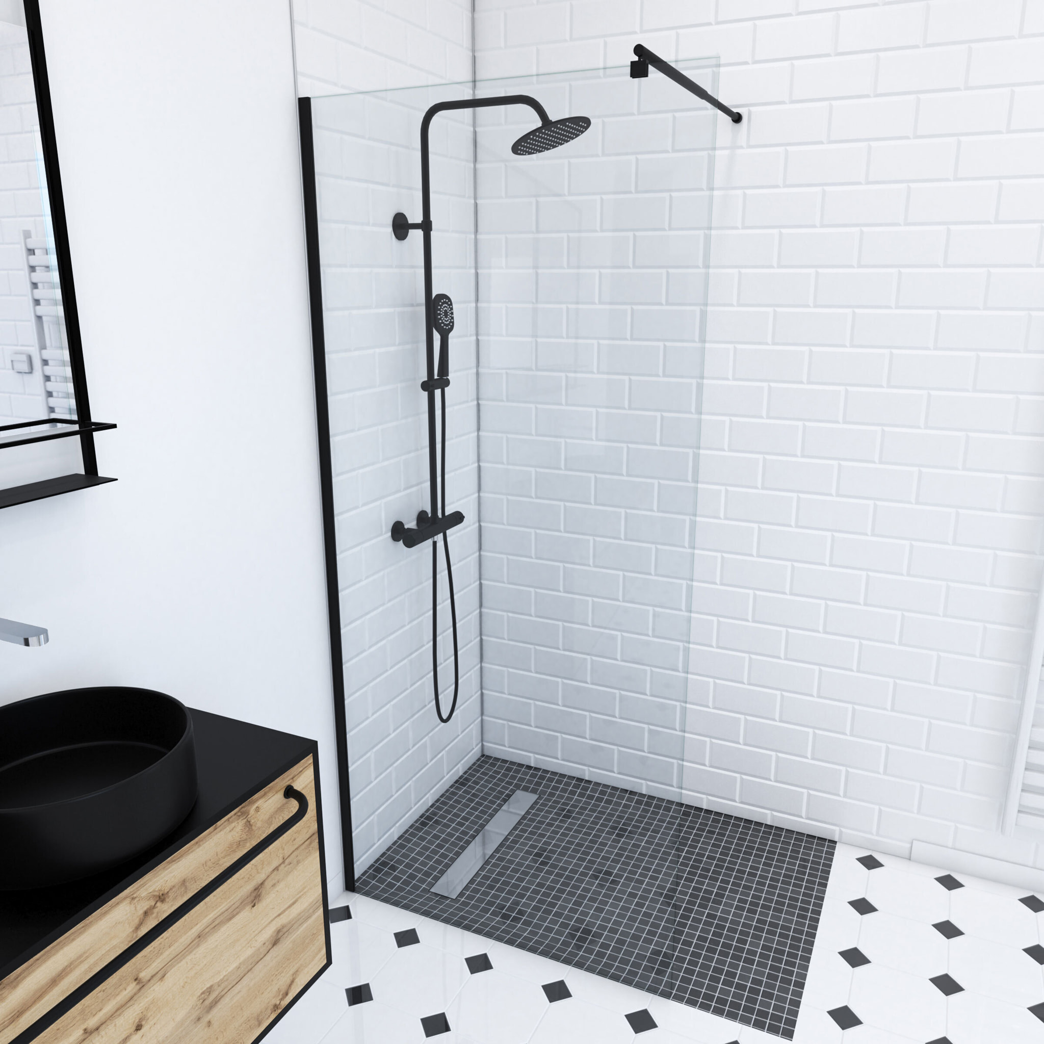 Paroi de Douche 80x200cm Verre Transparent - Barre de Fixation Extensible et Profil Noir