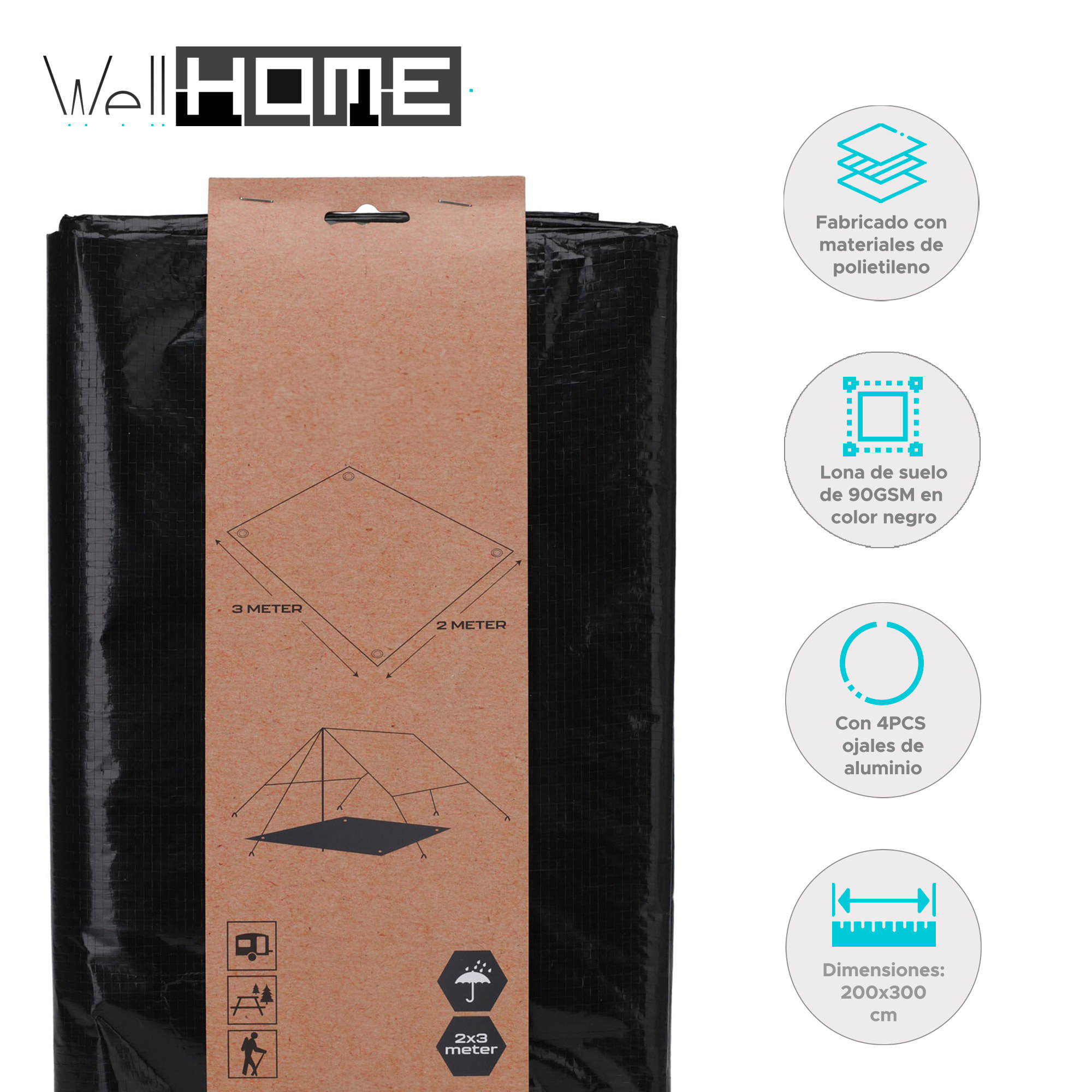 Well Home Lona de suelo 2x3 metros de 90GSM color Negro