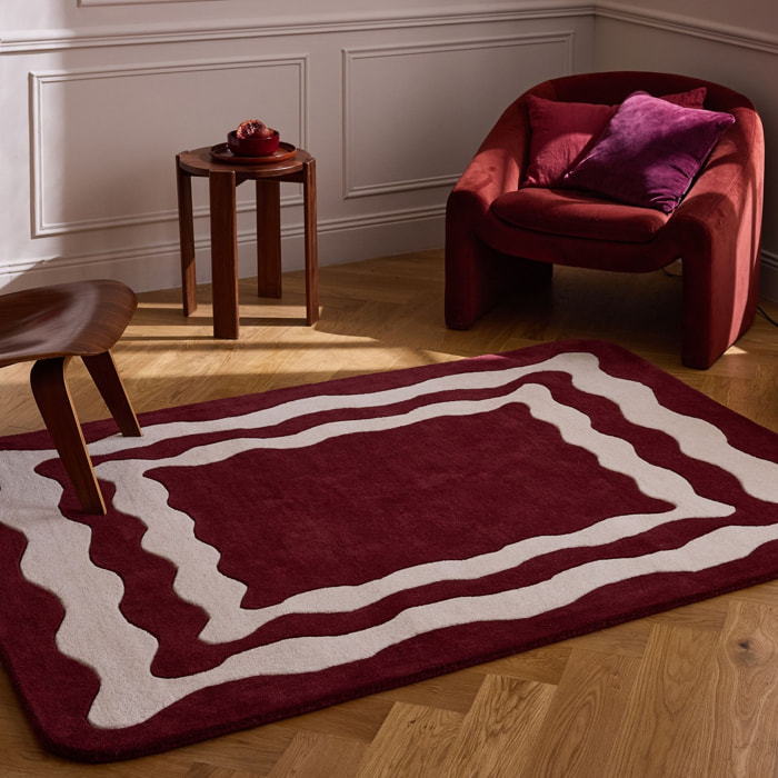 PANTONE - Tapis en laine fait main Rouge D'ORAGE à motif wavy bordeaux