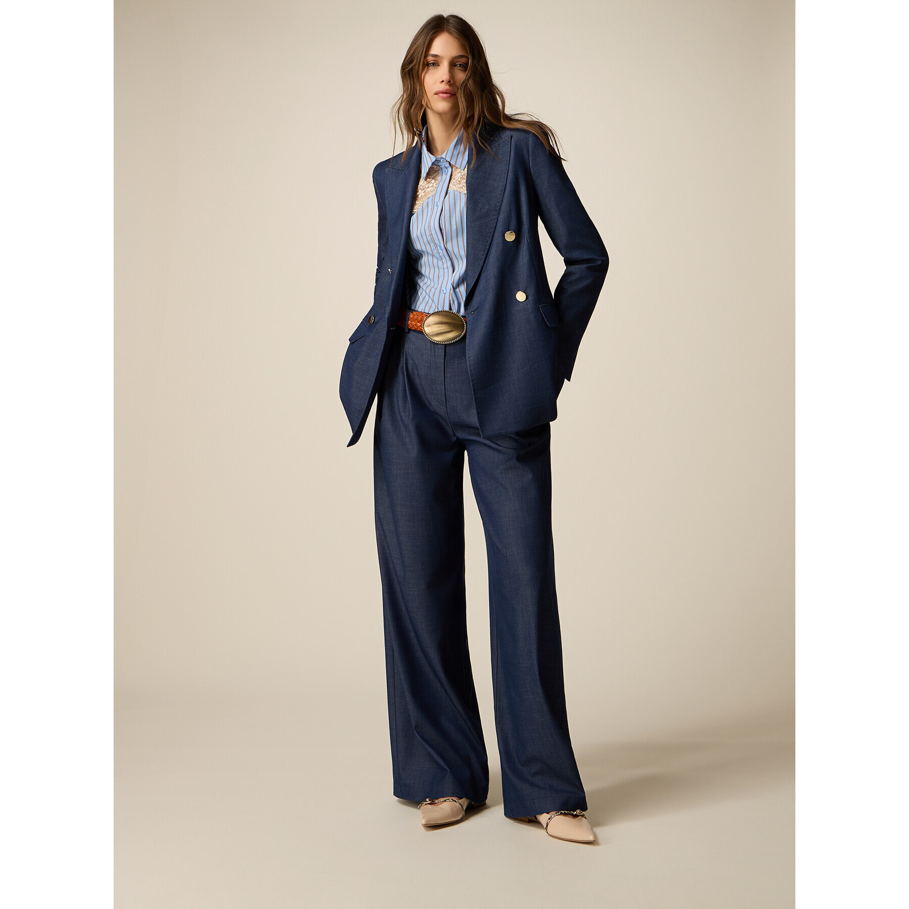 Oltre - Pantalones palazzo efecto denim - Azul