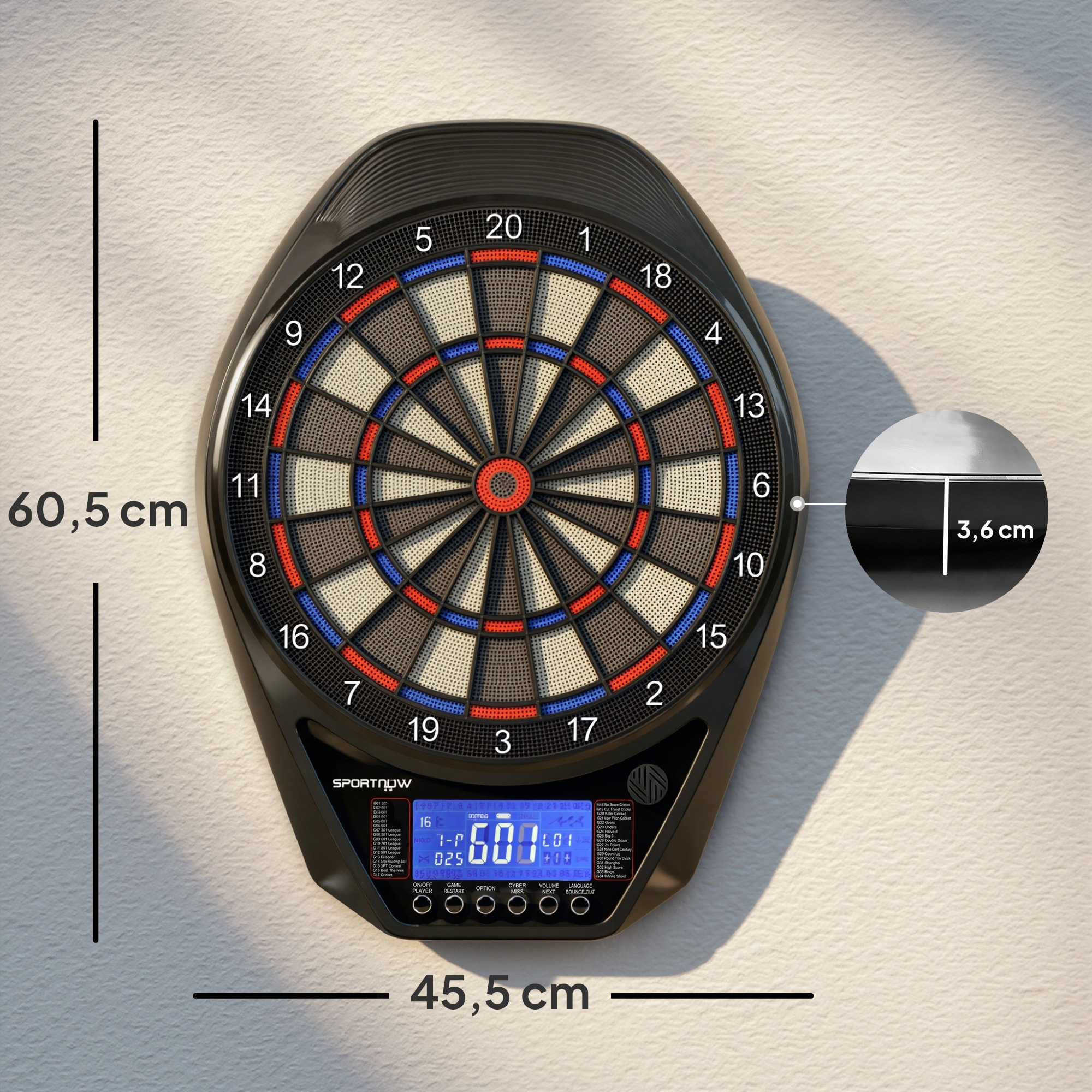 Cible jeu de fléchettes électronique 34 jeux jusqu'à 8 joueurs grand écran LED charge USB-C