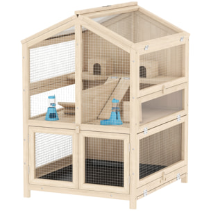 Cage hamster bois 3 niveaux 2 cabanes balançoires biberons 4 rampes