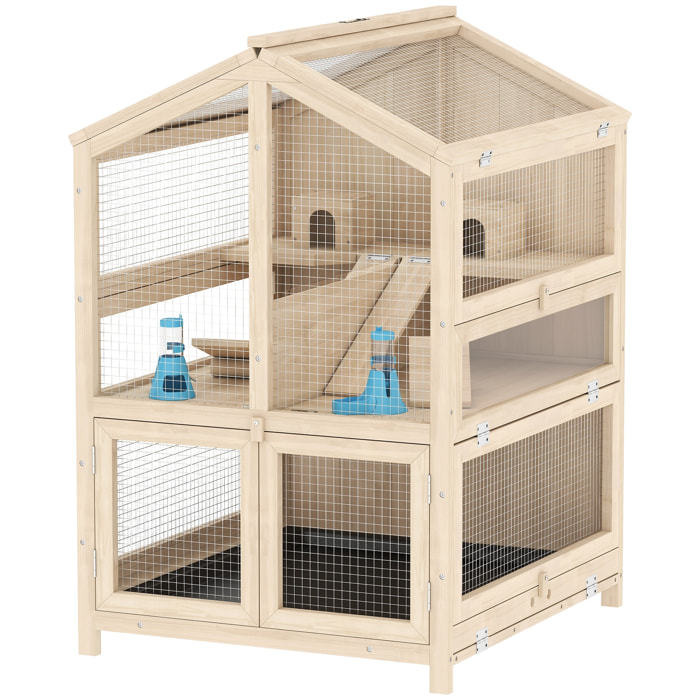 Cage hamster bois 3 niveaux 2 cabanes balançoires biberons 4 rampes