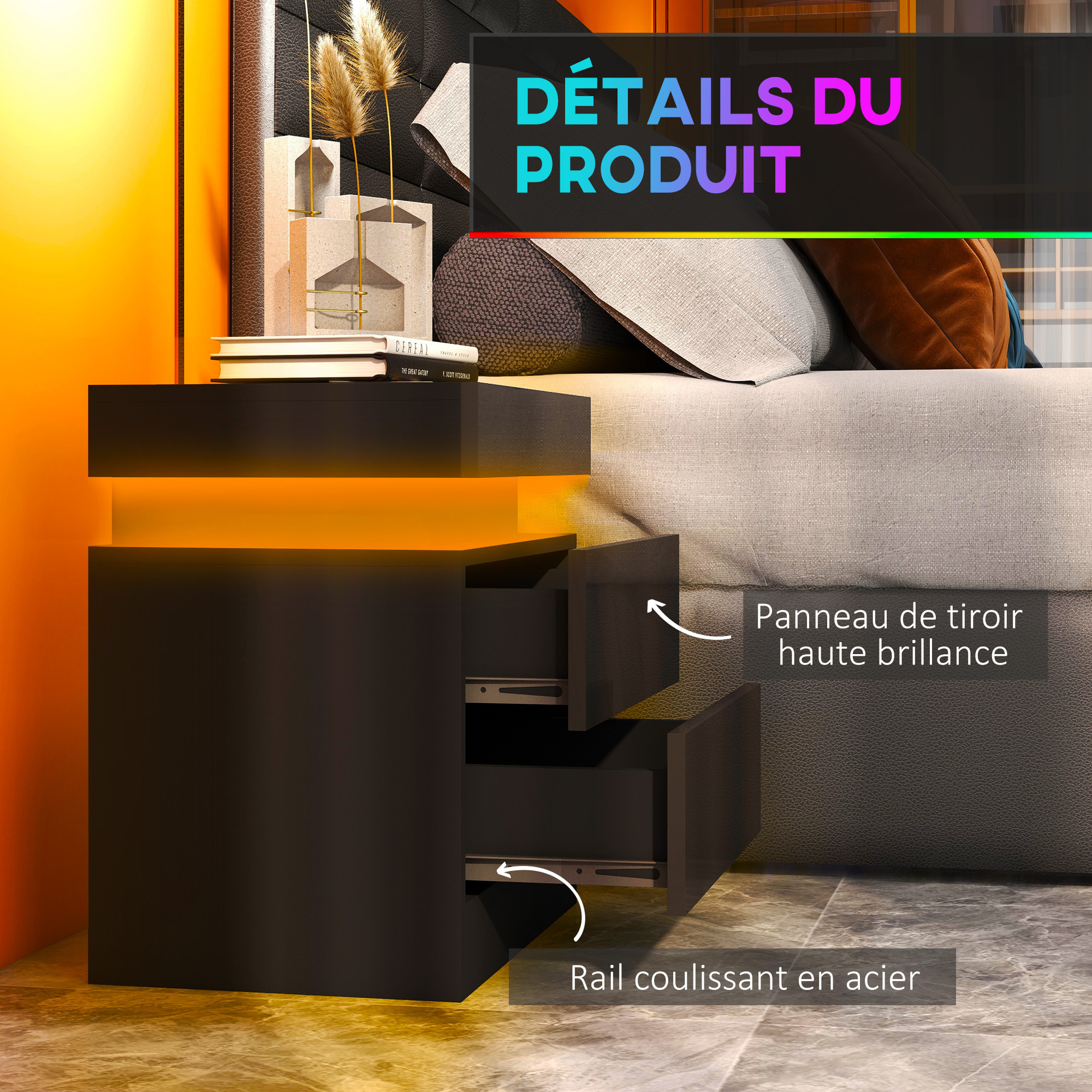 Chevet table de nuit design LED réglable 2 tiroirs façade laquée télécommande noir