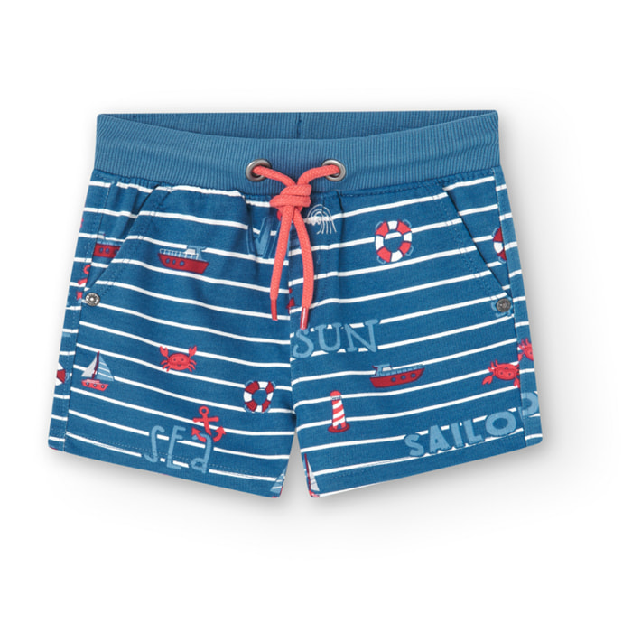 Bermudas niÃ±o, felpa estampada, rayas, azul Ã­ndigo