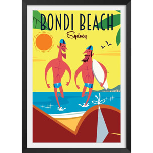 Affiche Surf à Bondi Beach Affiche + cadre en bois - Noir