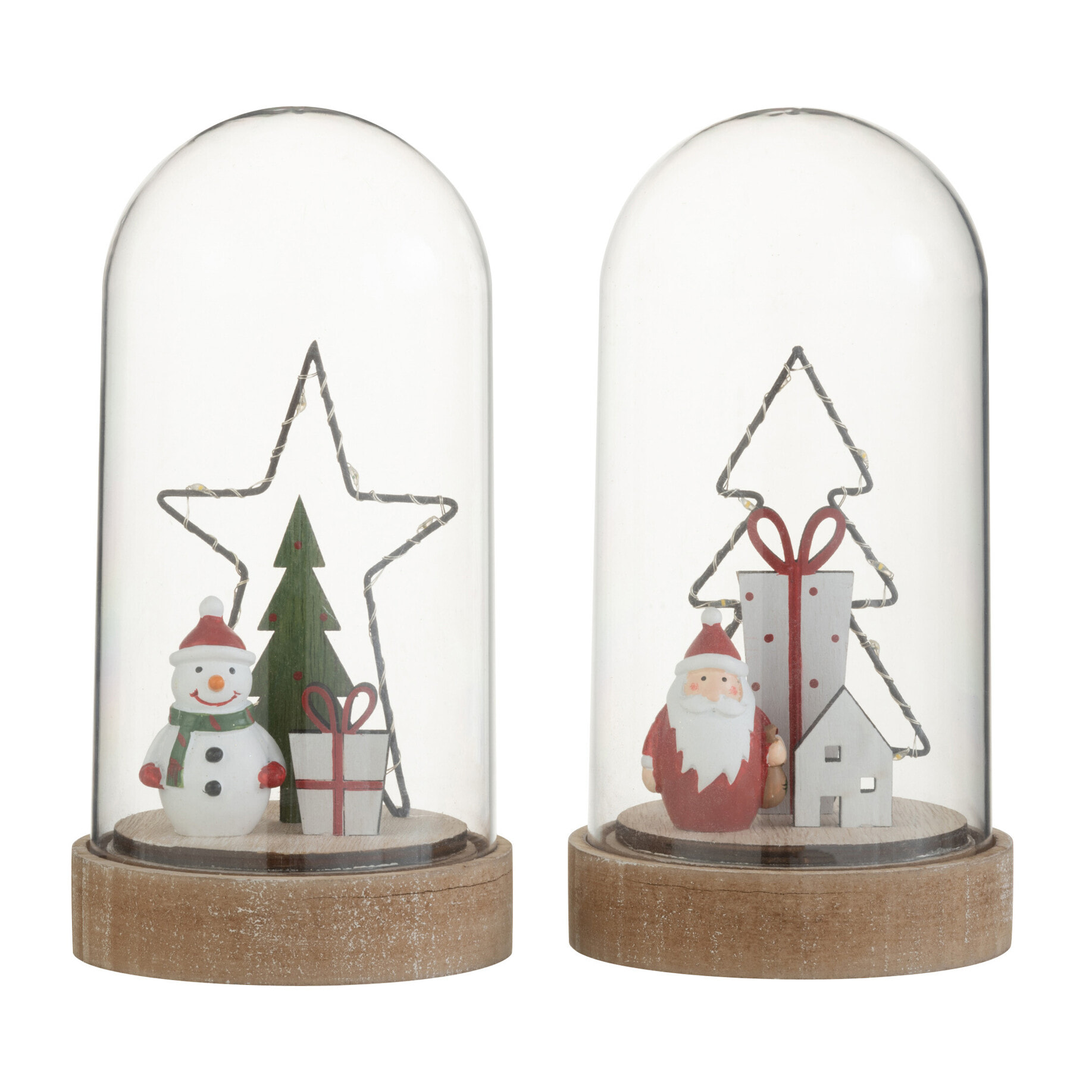 J-Line décoration cloche Sapin/Etoile - bois/verre - mix - LED - 2 pcs